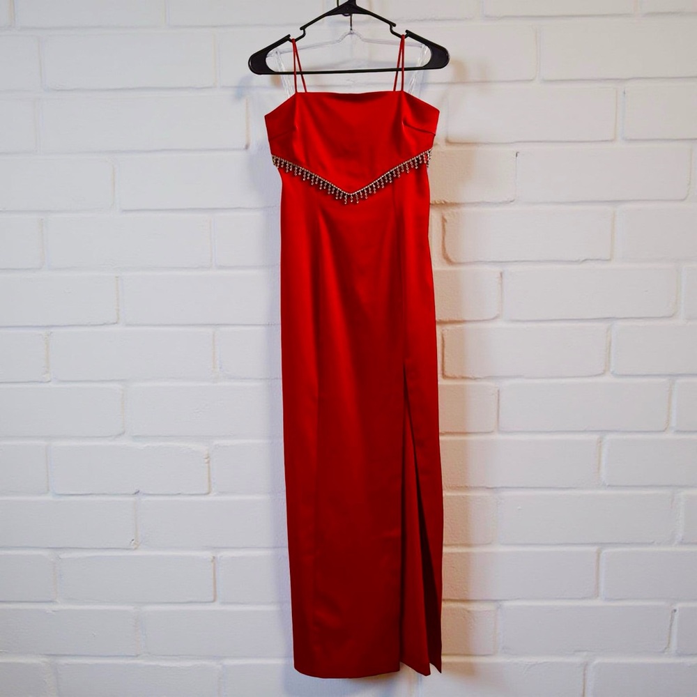 Vintage 90s Red Satin Fringe Rhinestone Formal Maxi Gown Dress